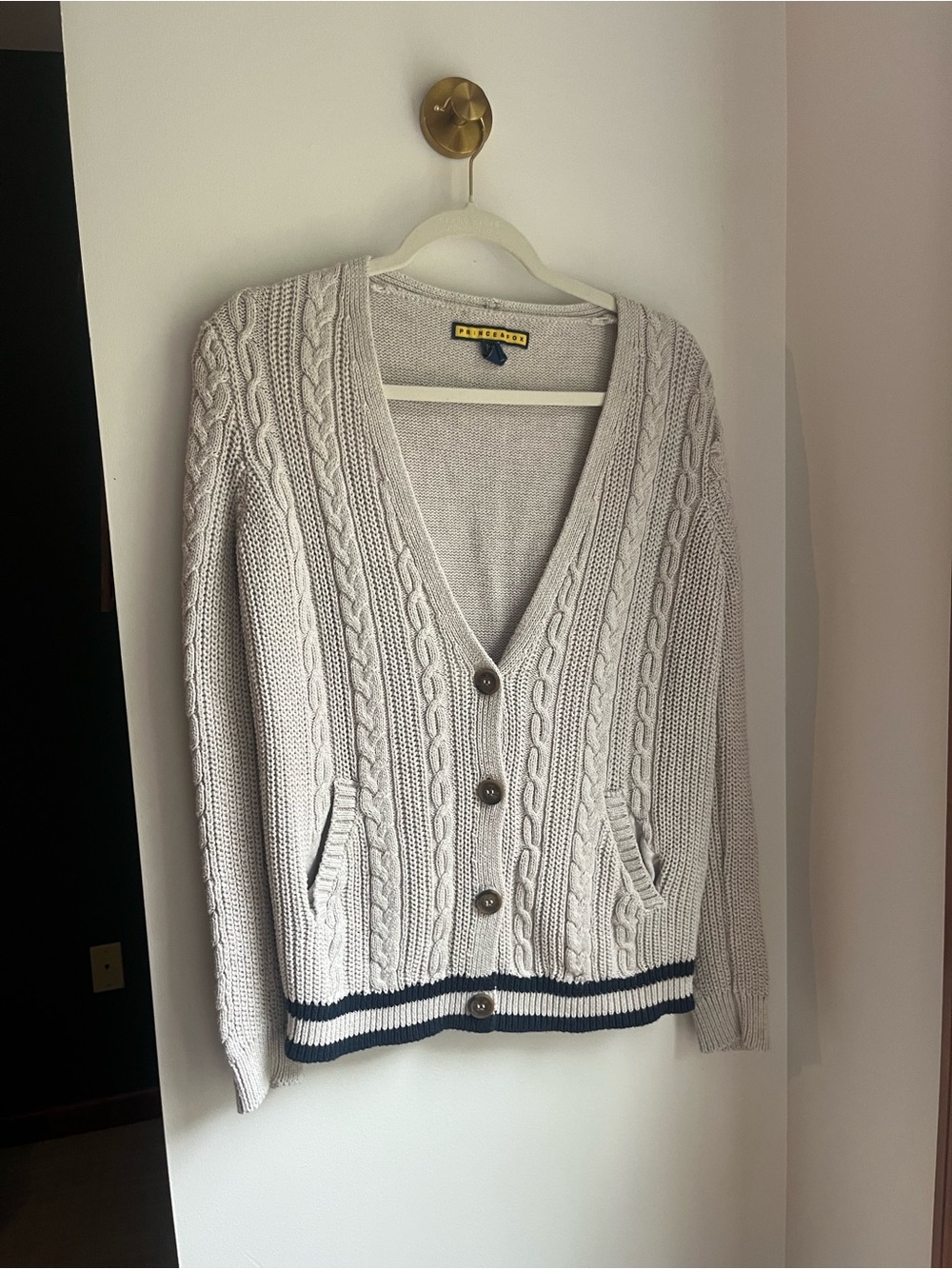 Cable Knit V-Neck Cardigan Sweater - Light Gray with Navy Trim